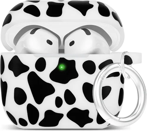 Vista 37 de LitoDream - Funda de silicona suave y flexible con llavero para Apple AirPods 2 y 1, para niñas (vaca; blanco con cactus)