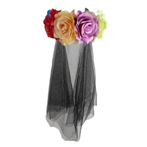 Vista 6 de Velo floral rosa rosa corona velo de Halloween velo negro novias tiara negra Halloween Cosplay accesorios diadema mexicana Día de los Muertos