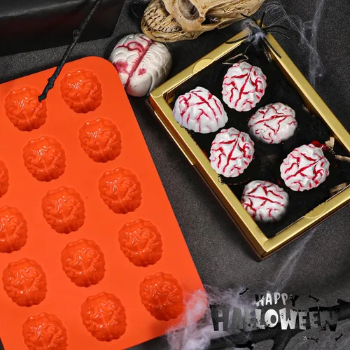 Vista 3 de Webake Brain - Molde de chocolate para Halloween, tamaño bocado, 15 cavidades para Halloween, chocolate, dulces, gelatina, cupcake, golosinas