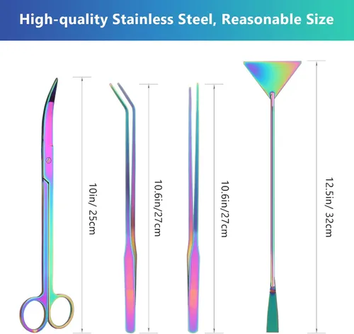 Vista 3 de Catcan Kit de herramientas de acuario 4 en 1, acero inoxidable antioxidante, pinzas para paisajismo acuático, tijeras, espátula para limpieza