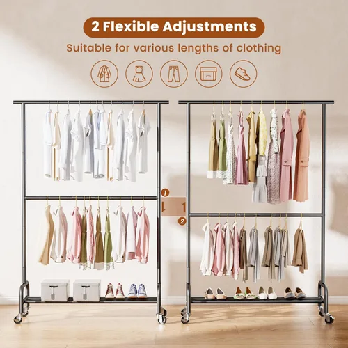 Vista 4 de Abiglifty Perchero con ruedas de 2 niveles, perchero resistente con ruedas, capacidad de 150 libras, 43 pulgadas de ancho x 17 pulgadas de Negro