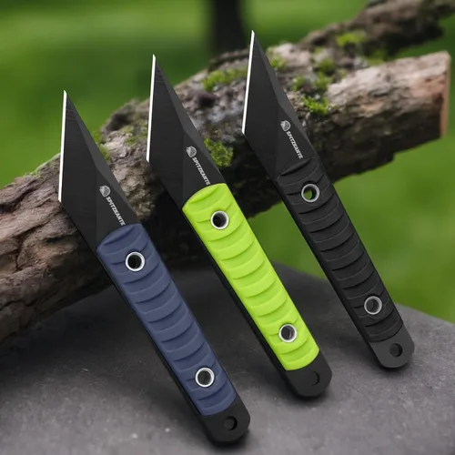 Vista 8 de Cuchillo de cuello compacto de 14.7 cm, pequeño cuchillo de hoja fija EDC Kiridashi con empuñadura de ABS azul, acero 5Cr14MoV, ideal para camping