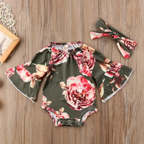 Vista 3 de Mameluco de manga larga con diseño de flores de encaje para bebé, color liso, conjunto de ropa con diadema