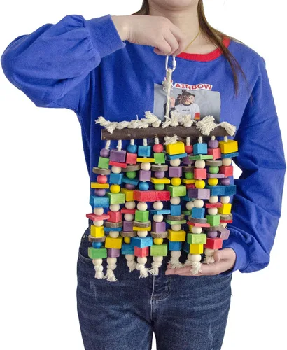 Vista 5 de Deloky Juguete masticable grande para pájaros, bloques de madera natural multicolor, juguetes para desgarrar loros de pájaros, sugeridos