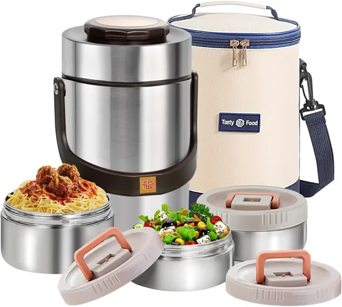 Vista 11 de Termo mejorado de 67 onzas para comida caliente, termo apilable de 3 capas, tarro de sopa con bolsa aislante, ideal para oficina, comidas al aire