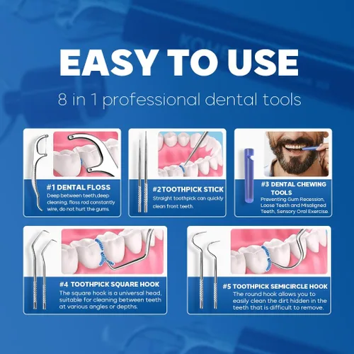 Vista 3 de KOHEEL Juego de bolsillo para palillos de dientes, kit de púas de hilo dental reutilizables, herramientas de limpieza de dientes de acero