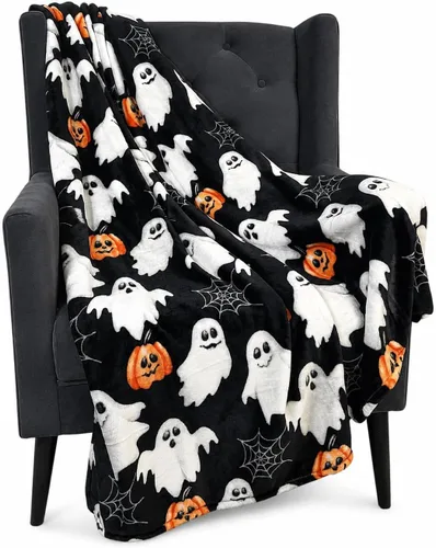 Vista 16 de Manta de forro polar de Halloween, murciélagos negros sobre fondo naranja, 50 x 70 pulgadas Ultra-soft cozy flannel fleece, for sofa couch bed