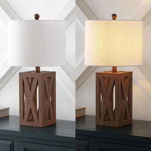 Vista 6 de JONATHAN Y Lámpara de mesa de madera de granja marrón de 21.5 pulgadas para mesita de noche y sala de estar, pantalla de tambor de lino blanco
