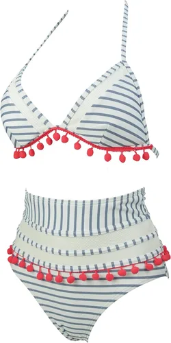 Vista 2 de COCOSHIP - Conjunto de bikini de malla a rayas y cintura alta, con adornos de borlas y tirantes (FBA)