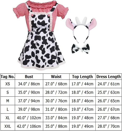 Vista 6 de IMEKIS Disfraz de vaquera occidental para mujer, disfraz de Halloween de vaca + vestido con estampado de vaca + diadema + corbatín para cosplay