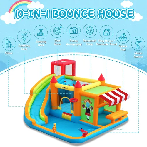 Vista 2 de FBSPORT - Casa inflable de rebote con tobogán acuático, casa de rebote para niños con soporte de juguete, piscina de salpicaduras, pared de Naranja
