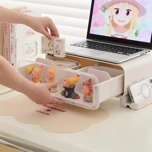 Vista 6 de Soporte Elevador para Monitor Pequeño, Soporte para Monitor de Computadora con Cajón y Minifiguras de Exhibición, Soporte de Escritorio