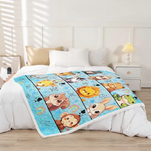 Vista 2 de Manta de franela de animales de dibujos animados para todas las estaciones, manta de cama azul con estampado de amor Kawaii para decoración