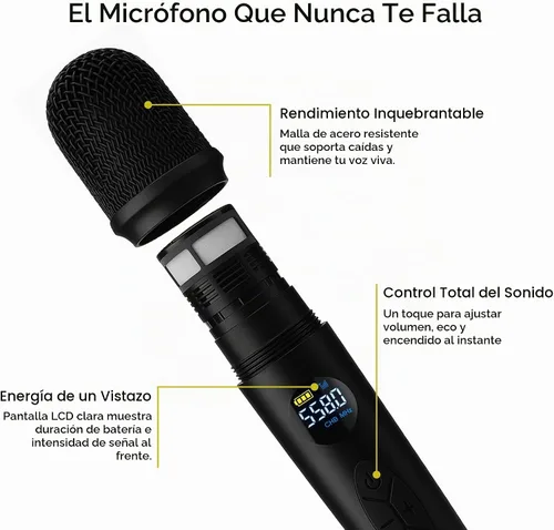 Vista 5 de Sistema de Micrófono Inalámbrico Bowens – Micrófono Inalámbrico para Karaoke con Receptor, Control de Eco, Pantalla LCD, Carga USB-C, Adaptador