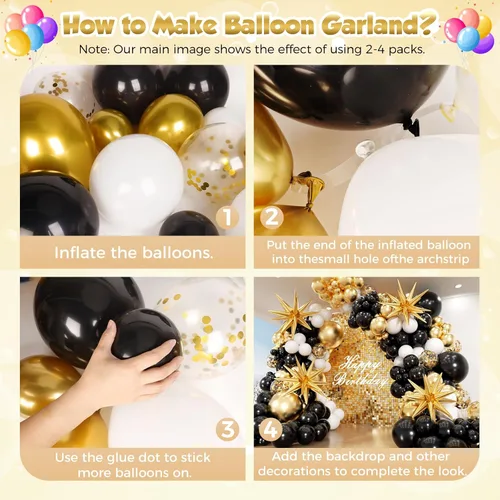 Vista 3 de Kit de guirnalda de arco de globos negros y dorados con estrella, 22, 18, 12, 10, 5 pulgadas, globos de látex negros metálicos dorados y blancos