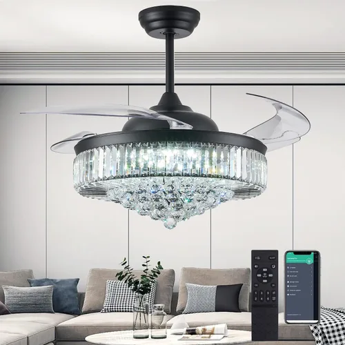 Vista 18 de DuMaiWay Ventilador de techo de 30 pulgadas con lámpara de cristal de luz, ventilador de techo reversible moderno, regulable, temporizador Negro