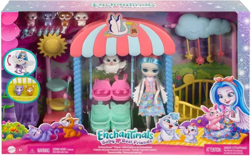 Vista 2 de Enchantimals Muñeca y accesorios, juego de la guardería, muñeca Starley Stork, gorila y 4 figuras de animales Baby Bestie, cuna y más, mejores