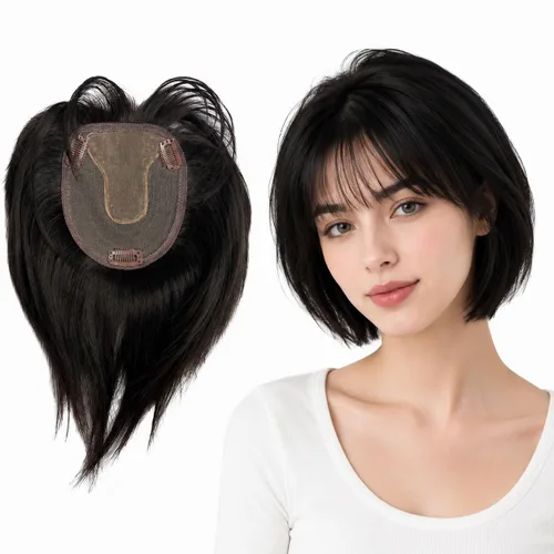 Vista 10 de Peluca de cabello humano para mujer con flequillo, peluca con clip para cabello fino + base de cuero cabelludo de poliuretano de alta densidad