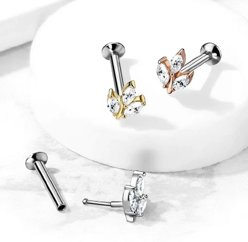 Vista 4 de Pierced Owl - 16GA Triple Crystal Marquise Acero Inoxidable Sin Rosca Push In Flat Back Labret Monroe Lip Stud