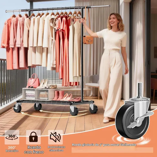 Vista 3 de Perchero resistente – Carga de 500 libras, perchero con ruedas y estantes con cerradura, estante extensible para dormitorio, lavandería, sala