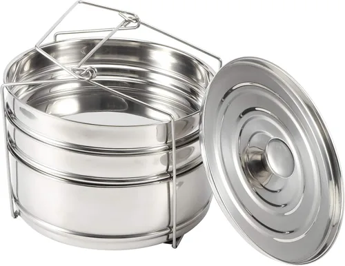 Vista 7 de Juego de ollas apilables de acero inoxidable de 3 niveles para cocinar alimentos a presión accesorios