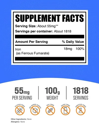 Vista 2 de BulkSupplements. com Polvo de fumarato ferroso – mineral esencial, suplemento de hierro para hombres y mujeres – Sin gluten, 55 mg por porción, 100