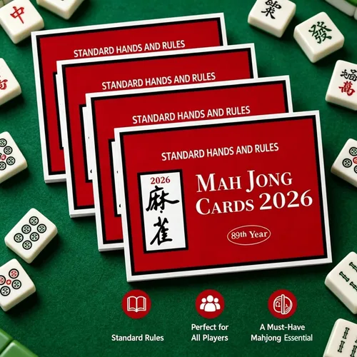 Vista 2 de Mahjong Rule Cards versión 2026 - Impresión grande y fácil de leer, paquete de 4 (rojo)