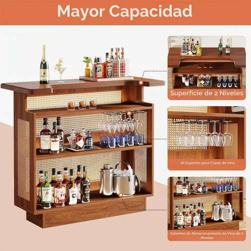 Vista 5 de Tribesigns: unidad de bar para el hogar de ratán, mesa de bar de 4 estantes estilo granja con 4 portavasos y base elevada, gabinete de bar