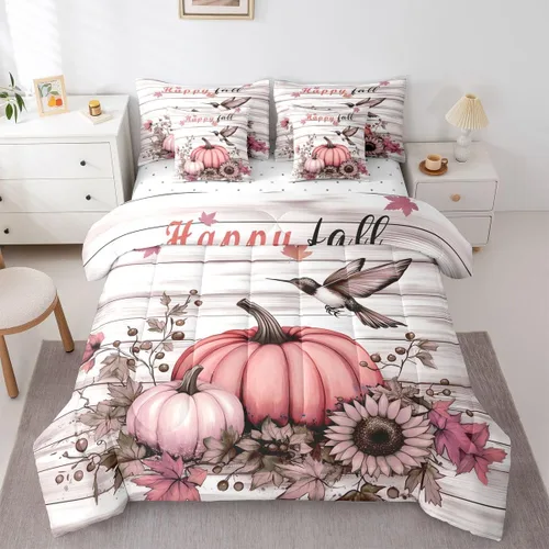 Vista 26 de Feelyou Fall Pumpkin Comforter Set with Sheets 7 Piece Twin Size Autumn Bed in a Bag Kids Boys Girls Pumpkin Maple Leaf Bedding Set Hummingbird Beig