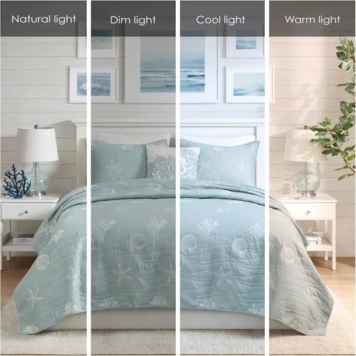Vista 2 de Harbor House Seaside - Juego de edredón reversible de algodón con diseño de almeja costera, estrellas de mar, bordado de coral, para todas