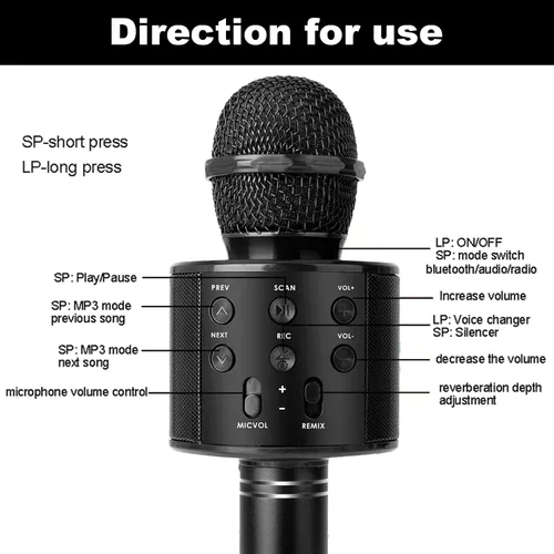 Vista 4 de Micrófono de karaoke inalámbrico Bluetooth Altavoz portátil de micrófono de mano 3 en 1 para todos los teléfonos inteligentes Regalos Negro
