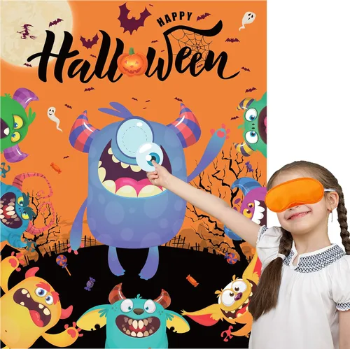 Vista 7 de Juegos de fiesta de Halloween, Pin Eye on The Monster Game Reutilizable, Pin The Monster Halloween Party Favor Suministros para niños y niñas