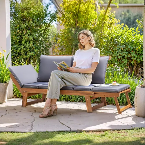 Vista 4 de Greesum - Sofá cama convertible para patio con reposabrazos ajustables, cama de día de madera de acacia para exteriores con cojín y almohada, banco
