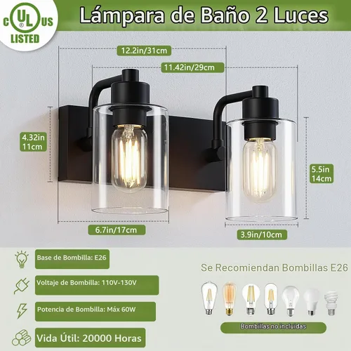 Vista 2 de Dpyrrhic Luces de Baño Negras Mate de 2 Luces Sobre Espejo con Pantalla de Vidrio Transparente, Luminarias Modernas de Baño para Cocina, Sala