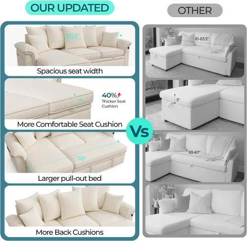 Vista 3 de LINSY HOME Sofá modular con cama extraíble, sofá biplaza modular de pana grande, reposabrazos ancho, sofá modular de 62 pulgadas y 2 asientos