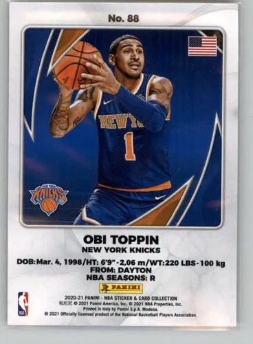 Vista 2 de 2020-21 Panini Cards Silver (From Sticker Packs) #88 Obi Toppin RC Rookie Card New York Knicks Official NBA Basketball Trading Card in Raw