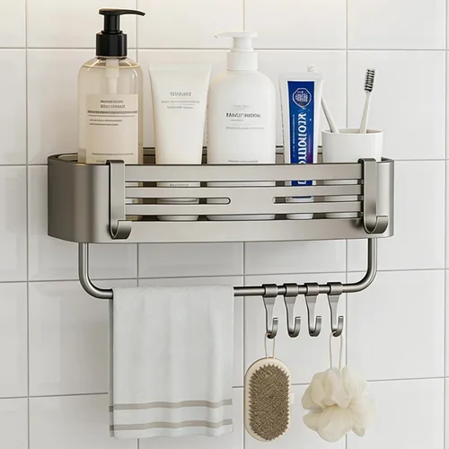 Vista 9 de Estante esquinero de ducha con ventosa, sin agujeros con toallero y gancho, estante de almacenamiento de baño gris, estantes triangulares sin