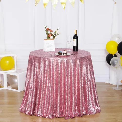 Vista 2 de Poise3EHome Mantel de lentejuelas rosa fucsia, mantel redondo brillante de 120 pulgadas, mantel de lentejuelas y tela de satén para fiestas, bodas