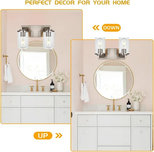 Vista 3 de BONLICHT Lámpara de pared de níquel cepillado de 2 luces con pantalla de cristal transparente, luces industriales de baño para interiores sobre