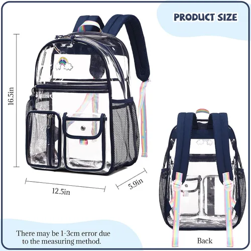 Vista 2 de Mochila aprobada para estadios Mochila transparente de PVC resistente para bolsas de libros escolares de estadio, Azul oscuro, Classic