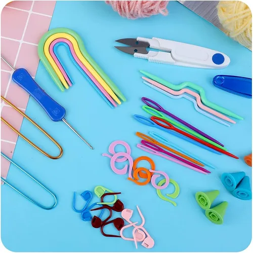 Vista 8 de JUPEAN Accesorios completos para tejer, kit de suministros para tejer con marcadores de puntada, agujas de coser de plástico, agujas de cable