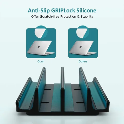 Vista 5 de Soporte vertical para laptop SPACEMax Soporte de escritorio de aluminio con 4 ranuras de silicona con 4 ranuras, soporte de doble muelle, 2 ranuras