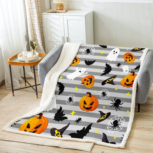 Vista 8 de Manfei Manta de Halloween con farol de calabaza, fantasmas, para decoración de habitación de niños y niñas, manta de araña negra para sofá, manta