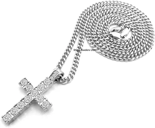 Vista 3 de Shiny Jewelers USA Collar de cadena cubana con colgante de plata egipcia con micro cruz y hip hop para hombre
