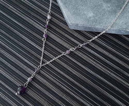 Vista 7 de Natural Crystal Bead Purple Amethyst Y Shaped Lariat Necklace Non-Tarnish Steel Chain