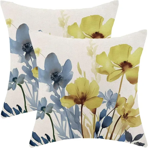 Vista 28 de AEIOAE Juego de 2 fundas de almohada florales azules y marrones de 16 x 16 pulgadas, fundas de almohada decorativas de flores de acuarela