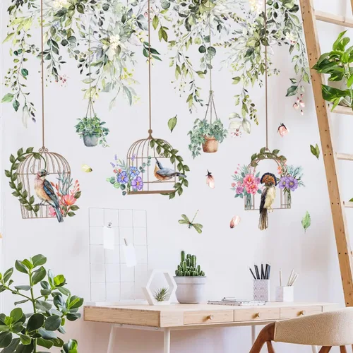 Vista 6 de Runtoo Calcomanías de pared de hojas de vid de eucalipto, plantas verdes, calcomanías de pared para sala de estar, dormitorio, guardería, decoración