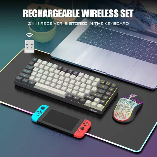 Vista 2 de RedThunder Combo de teclado y mouse inalámbricos K84, batería recargable retroiluminada RGB, 75% diseño de 84 teclas TKL ultra compacto