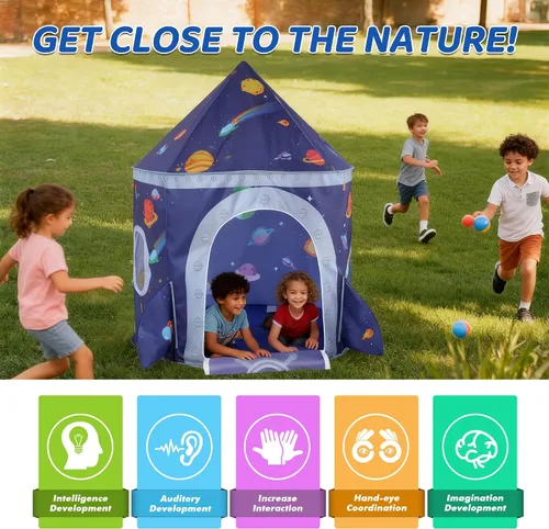 Vista 4 de Tienda de campaña de nave espacial para niños, tienda de juegos para niños con castillo de juguete, regalo para bebés niños y niñas de 3, 4, 5, 6, 7