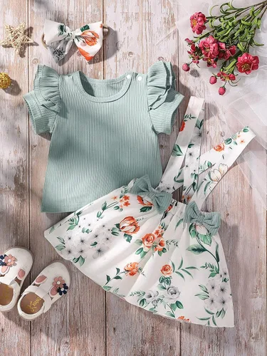 Vista 5 de MakeMeChic Conjunto de 3 piezas para bebé niña con volantes de manga corta y lazo frontal con diadema